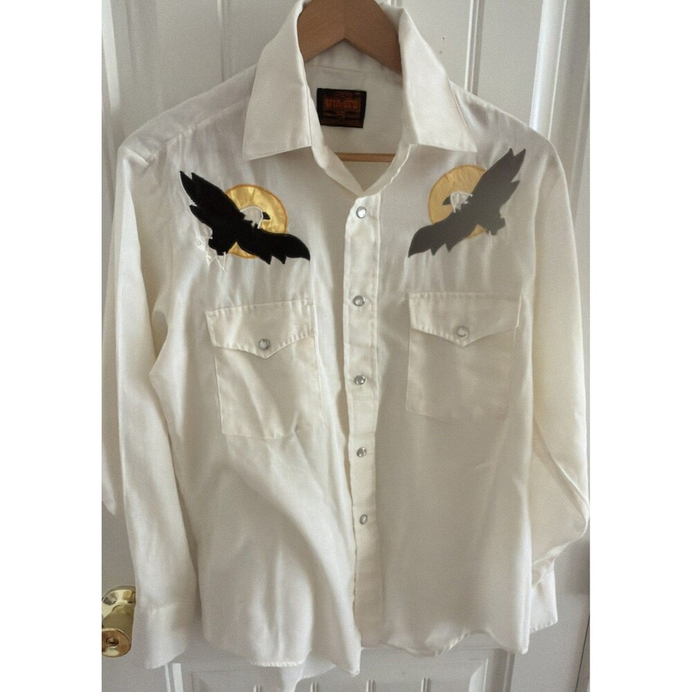 Men’s Western Shirt M Pearl Snap Eagles Embroidered Sheer Cowboy Cream Stir Ups